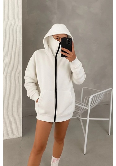 Kadın Samuray Ninja Çift Kapşonlu Zıp Fermuarlı Kanguru Çepli Hoodie Maske Detaylı Swetshirt - Beyaz Beyaz