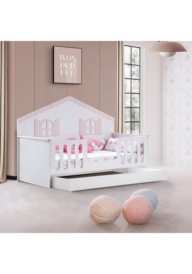 Poli Çocuk Odası Takımı, Poli Yavrulu Karyola, Flower 3 Kapaklı Dolap, Şifonyer - Pembe Renkli