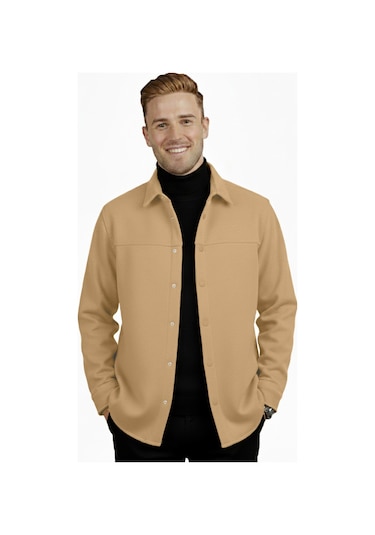 Deepsea Erkek Camel Likralı Rahat Kalıp Cepsiz Kaşe Ceket Çıt Çıtlı, Esnek Şık Model Ceket 0760 CAMEL