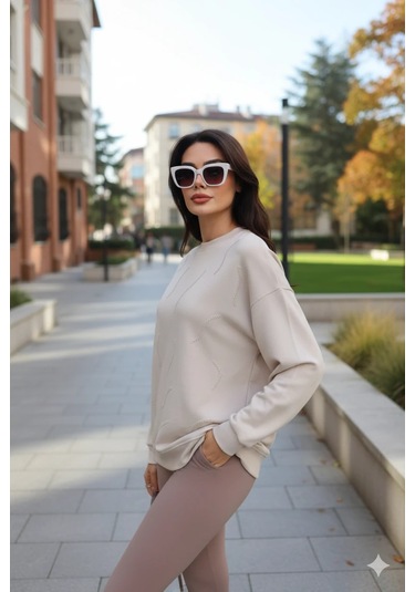 Cemo Günlük Uzun Kollu Bisiklet Yaka Basic Bluz/sweatshirt Bej