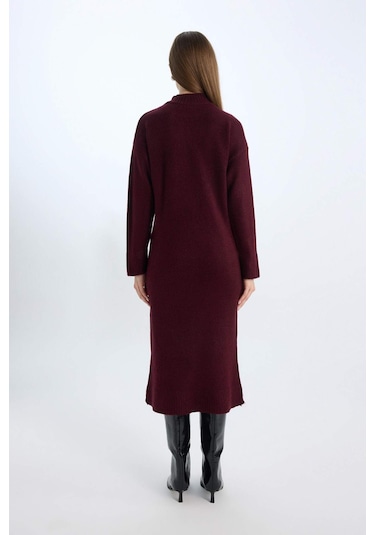 DeFacto Relax Fit Yarım Balıkçı Yaka Midi Triko Bordo Elbise D8596AX24WNBR467