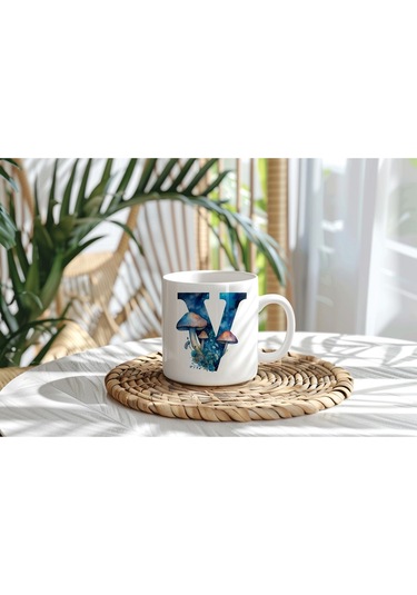 V Baş Harfi Fantastik Mantarlı Kupa Bardak - Kişiye Özel Masalsı Bardak - Hediye Beyaz