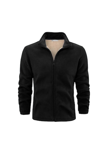 Ghassy Co. Erkek Ultra Isı Peluş Astarlı Cepli Tam Fermuarlı Polar Ceket Siyah