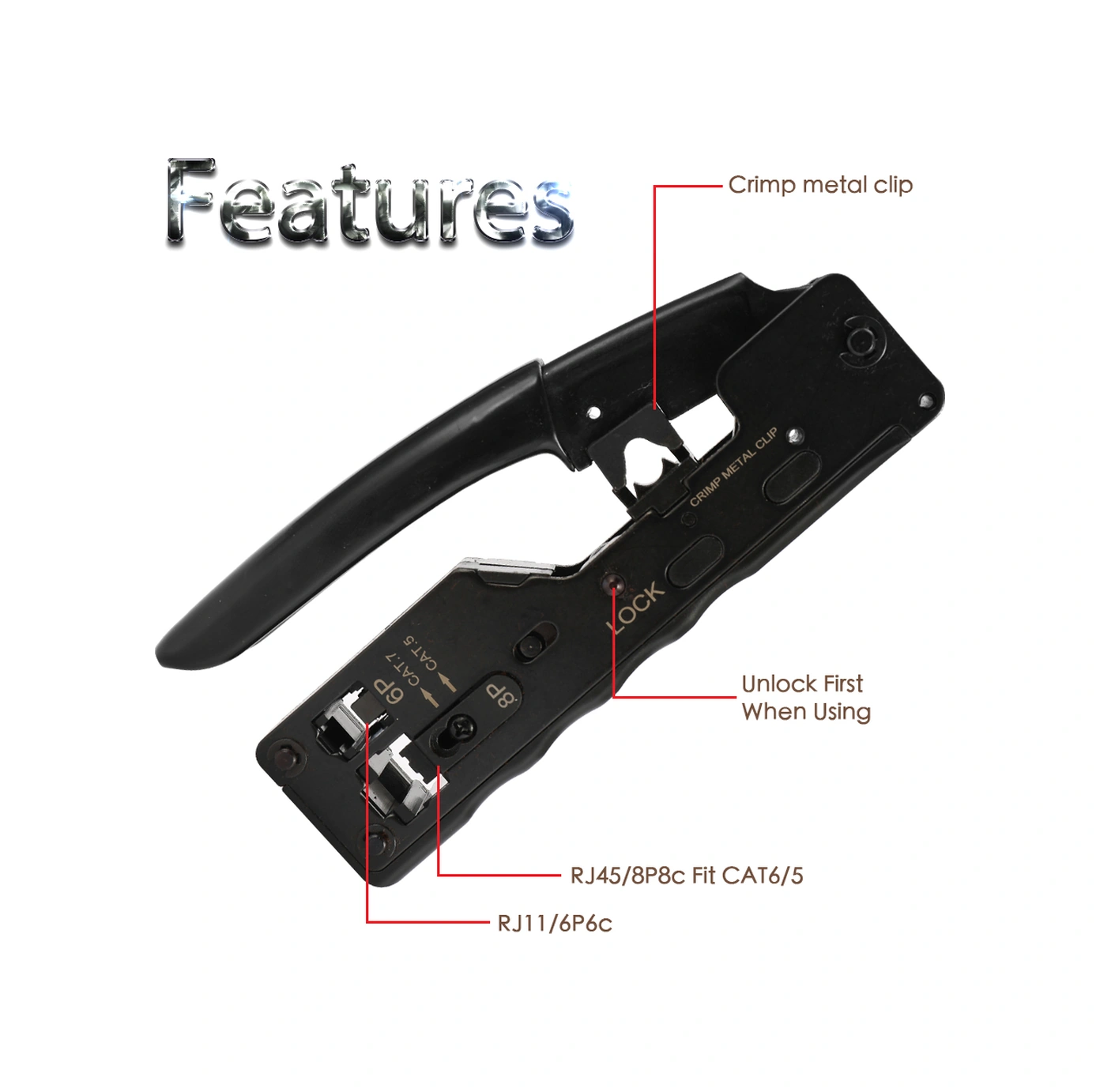 Neevoyu Yüksek Karbon Çelik Multifonksiyon Rj45/rj11/rj12 Ağ Kablosu Presi - Cat7/cat6a/cat6/cat5 Uyumlu, Kaymazsız Kollü, Güvenlik Kilitli Siyah