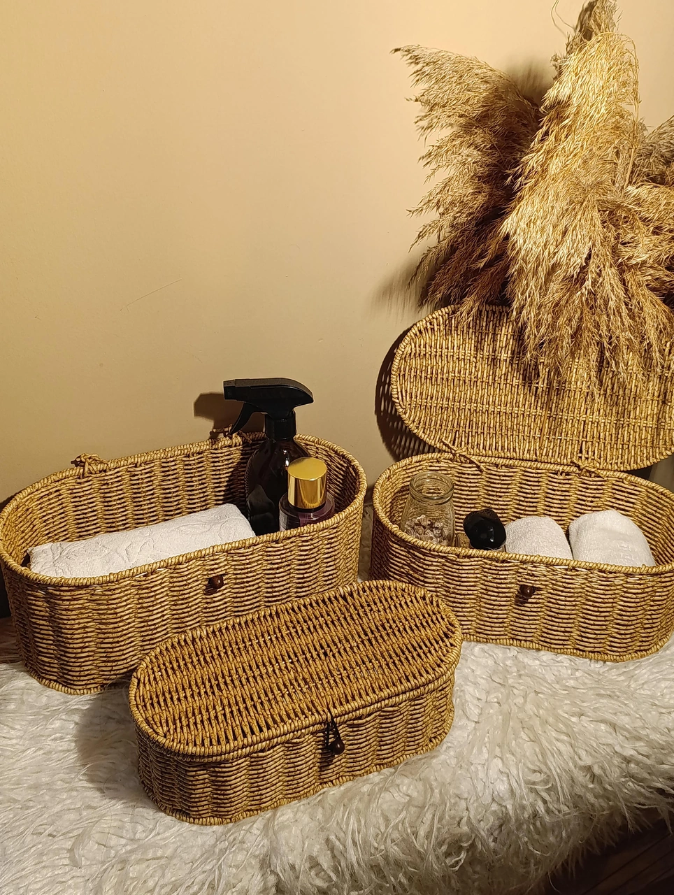 3'lü Rattan Oval Kapaklı Düğmeli Kutu / Organizer / Düzenleyici Diğer