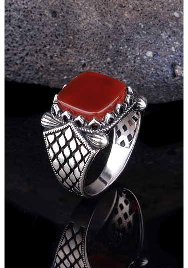 İpek Silver 925 Ayar Gümüş Bordo Akik Taşlı Model Yüzük