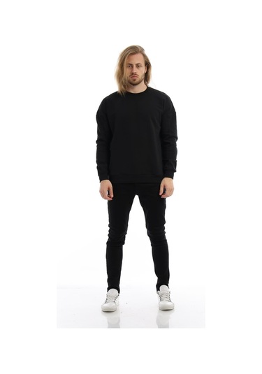 Erkek Bisiklet Yaka Karyoka Dikişli Sweatshirt Siyah