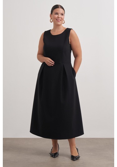 Pileli Kolsuz Cepli Uzun Elbise-6231 Siyah