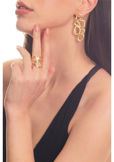 Kadın Mat Altın Kaplama Oval Formlu Tasarım Küpe & Yüzük Seti Altın