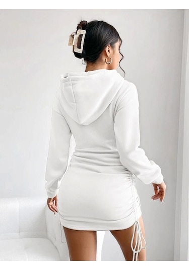 3 İplik Şardonlu Kapşonlu Elbise Beyaz Beyaz