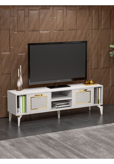 Tv Sehpası Tv Ünitesi Beyaz Gold 160 Cm Linya 5042 Sarı