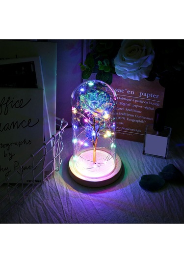 Geeroyoo Renkli Cam Kapaklı Altın Folyo Gül Dekoratif Led Gece Lambası - Plastik Çiçek + Ahşap Tabanlı, 20 Led Işıklı, Kaliteli Ve Dayanıklı Diğer