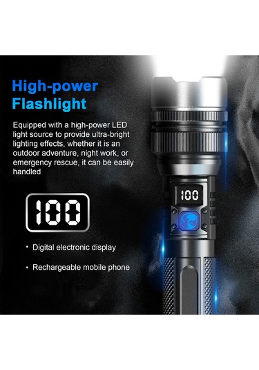 Yunboo Yüksek Güçlü Led Feneri - Geniş Aydınlatma/uzak Odaklama - Alüminyum Gövde - Su Geçirmez - Pil Göstergesi - Type-c Şarj - Cep Telefonu Şarj Edici Siyah