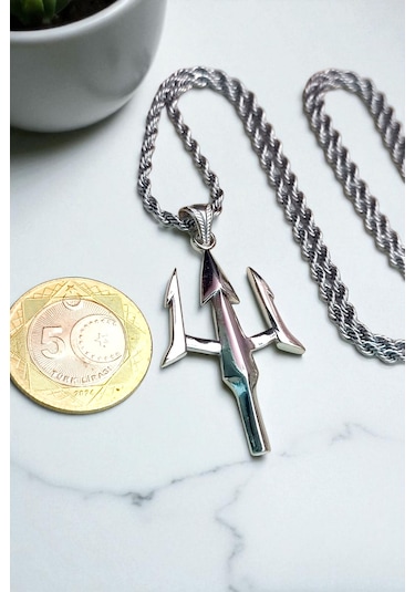 Ak Store Silver Gümüş Kaplama Krom-Çelik Erkek Kolye Madalyon Poseidon Mızrak Gümüş