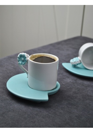 6 Kişilik 12 Parça Seramik Çiçekli Kahve Fincanı 100 Ml Türk Kahve Fincan Takımı Mavi