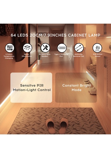 Dianziye 64 Led'li Pır Hareket Sensörlü Dolap Lambası - 3 Renk Tonu, Sürekli Aydınlatma Modu, 1500mah Şarj Edilebilir Batarya, Type-c, Manyetik Taban Gümüş