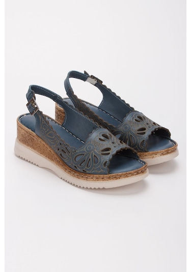 İç Dış Hakiki Deri Hafif Taban Günluk Kot Mavi Kadın Sandalet Mavi