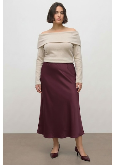 Myline Saten Midi Etek Bordo