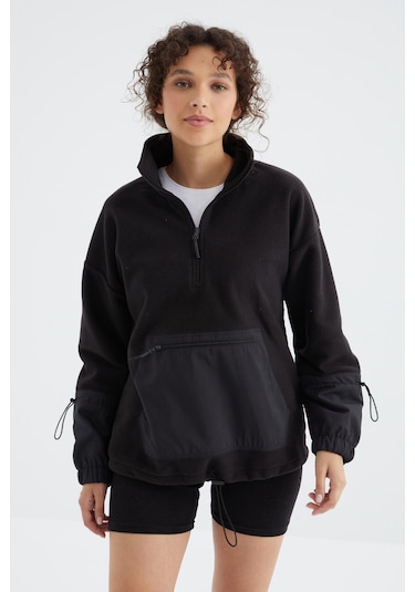 Tommy Life Siyah Etek Ucu Büzgülü Yarım Fermuarlı Oversize Kadın Polar Sweatshirt - 97238 Siyah