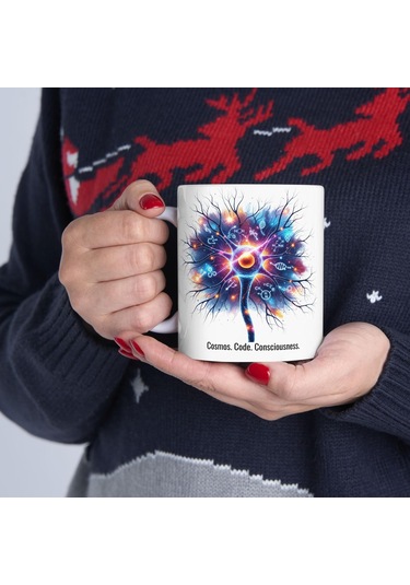 Beyaz Bilim Kupa Bardak - Sinir Hücresi, Dna Ve Kozmos Tasarımlı, Bilim Sever Hediyesi Beyaz