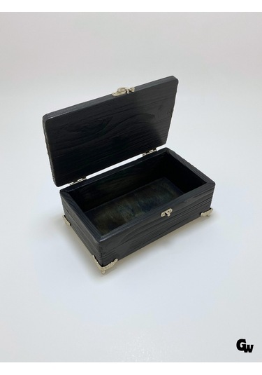 Doğal Ahşap Hareli Takı Kutusu Ahşap Saklama Kutusu Beyaz Çam Antrasit Boy:20cm En:12cm Yük:8cm