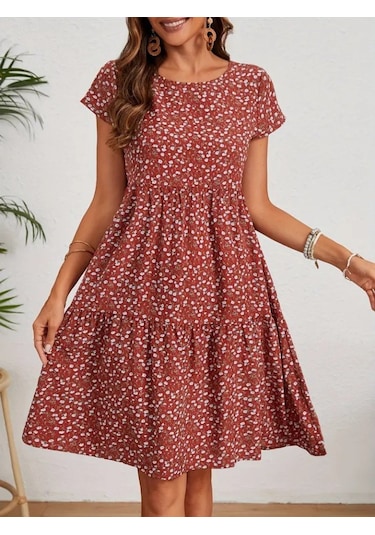 Kadın Kısa Kollu Bisiklet Yaka Çiçek Desenli Süprem Elbise Bordo