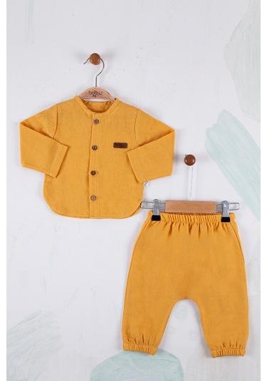 5 Düğmeli Müslin Kumaş Bebek Takımı Sarı