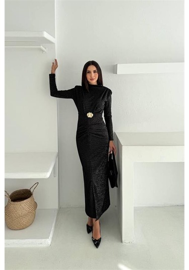 Neşeli Butik Kadın Kol Vatkalı Toka Detaylı Drapeli Maxi Elbise Nbk4358 Siyah