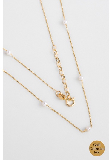 Doğal İnci Taşlı 14 Ayar Sarı Altın Kolye Sarı - Beyaz