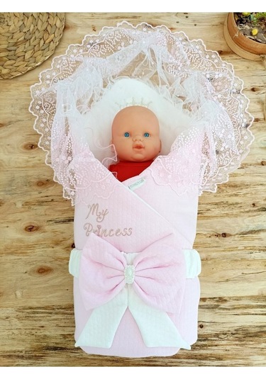 Unisex Bebek Kundağı & Battaniyesi - Ekru & Dantelli Hastane Çıkışı & Mevlütlük - %100 Pamuklu Pembe