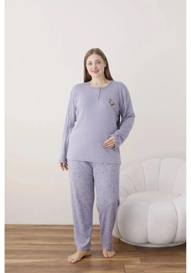 Lukitus İnterlok Pamuk Battal Büyük Beden Kadın Pijama Takımı İntbbm Mor