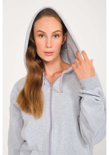 Harmandar Baskısız Unisex Gri Cepli Kapüşonlu Fermuarlı Sweatshirt Hırka Gri