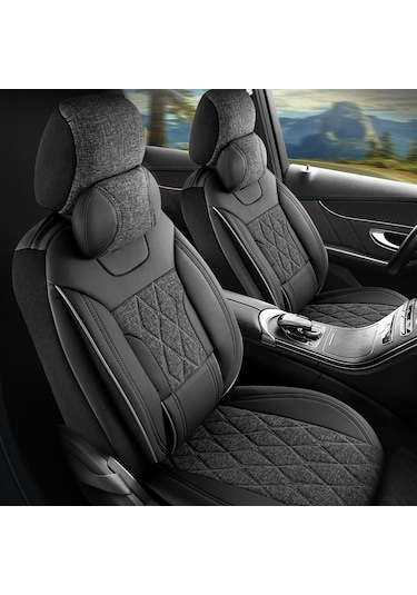 Panda Marmaris Serisi Keten Kumaş Oto Koltuk Kılıfı - Siyah - Gri
