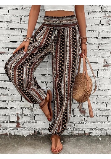 Simala Kadın Yüksek Bel Etnik Desenli Geniş Dökümlü Bürümcük Pantolon Çok Renkli