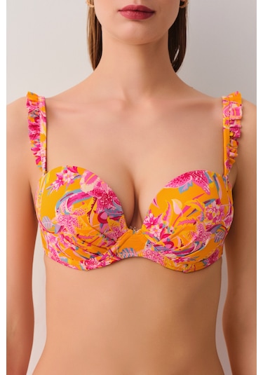 Suwen Jungle Dolgulu Straplez Bikini Üst Sb25190648648 Turuncu Desenli