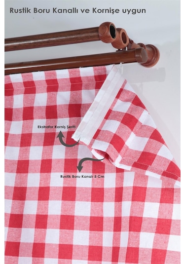 Naturel Potlu Ekose Tül Perde Retro Kırmızı