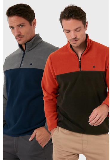 Buratti Regular Fit Anti-Pilling Tüylenme Yapmayan Dik Yaka Şardonlu 2'Li Paket Erkek Polar 5906016S2 Gri-Oranj