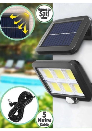 120 Led Ayrı Solar Panel Güneş Enerjili 3 Mod Duvar Lambası 5 Metre Kablolu Bahçe Solar Aydınlatma