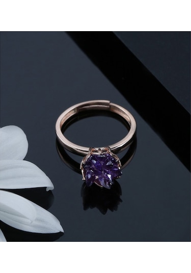 Rose Altın Kaplama Ametist Mor Taşlı Lotus Çiçeği Kadın  Yüzük Rose Gold
