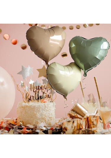 3 Adet 18 İnç 45 Cm Retro Kalp Folyo Balon Bej Krem Yeşil Çok Renkli