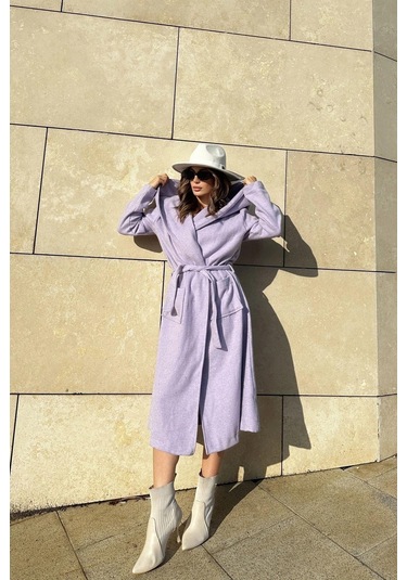 Kadın Lila Kruvaze Yaka, Kapüşonlu, Çift Cepli, Beli Kemerli, Uzun Kaşe Kaban Astarsız Lila