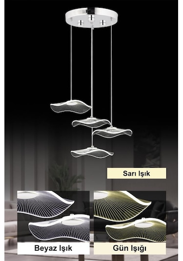 İstanbul Avize Şapka 4'lü Gümüş Üç Renk Ledli Lüx Modern Avize Gümüş