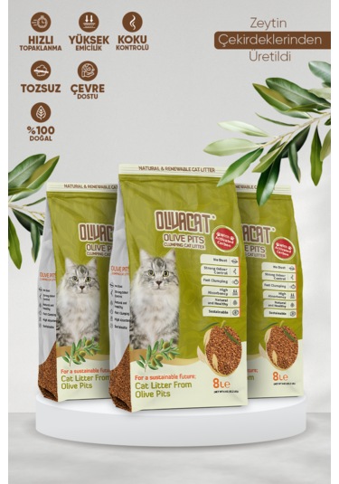 Olivacat Zeytin Çekirdeğinden Üretilen Aktif Karbonlu Tozsuz Doğal Kedi Kumu 3 x 8 L