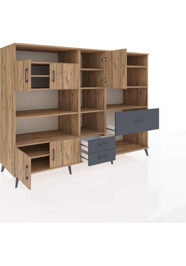 Kronos Dolap 13 Raflı 3 Çekmeceli 5 Kapaklı 220x59x163 Çam-çam/an Çam-çam/antrasit