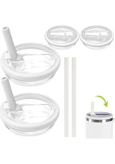 Lemestar 40 Oz Kase İçin Damlacık Önleyici Çift Açık Kapak Ve Pipet Seti - 2 Adet Kapak + 2 Adet Pipet, Beyaz, Bpa'sız, Stanley Quencher Uyumlu Beyaz