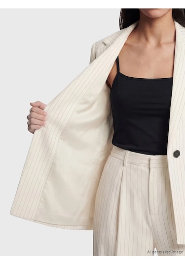 Lc Waikiki Bej Çizgili Keten Karışımlı Kadın Blazer Ceket
