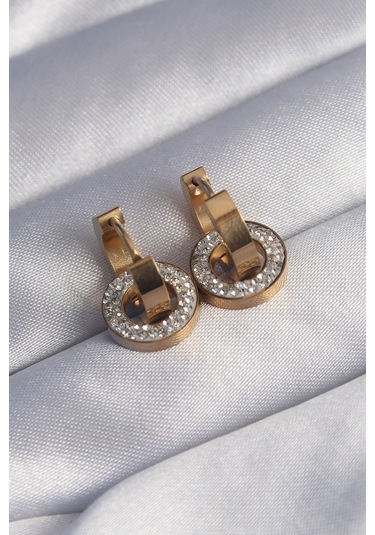 316l Çelik Gold Renk Zirkon Taşlı İç İçe Geçmeli Oval Küpe Gold