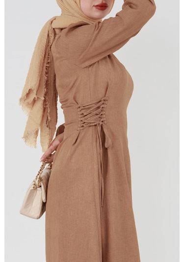 Yanı Bağcıklı Keten Elbise-vizon-3363-vizon Vizon