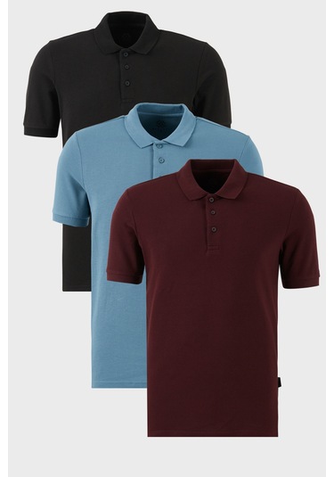 Buratti Pamuklu Regular Fit Düğmeli Polo Yaka 3'Lü Paket Erkek T Shirt 5902127S3 Siyah-Vişne-Mavi
