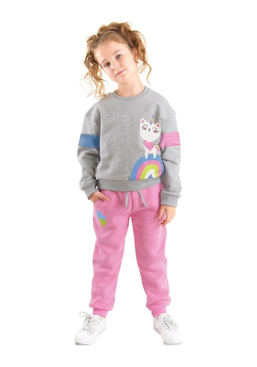 Denokids Rainbow Cat Kız Çocuk Alt-Üst Eşofman Takımı - Gri - Pembe